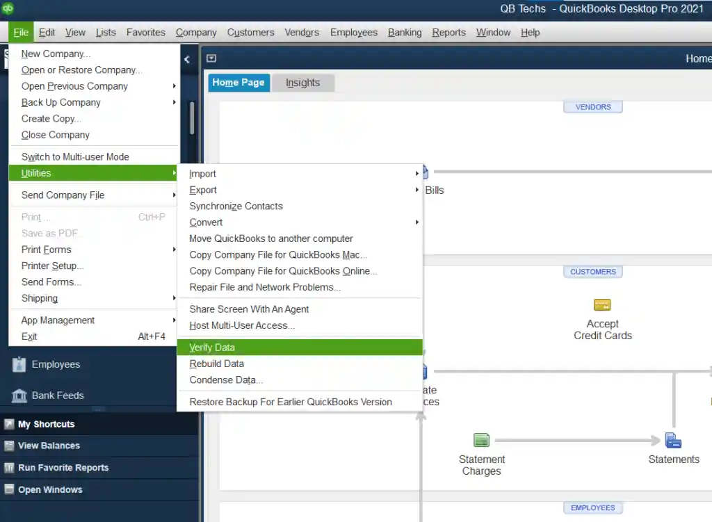 Verify And Rebuild Data Option In Quickbooks